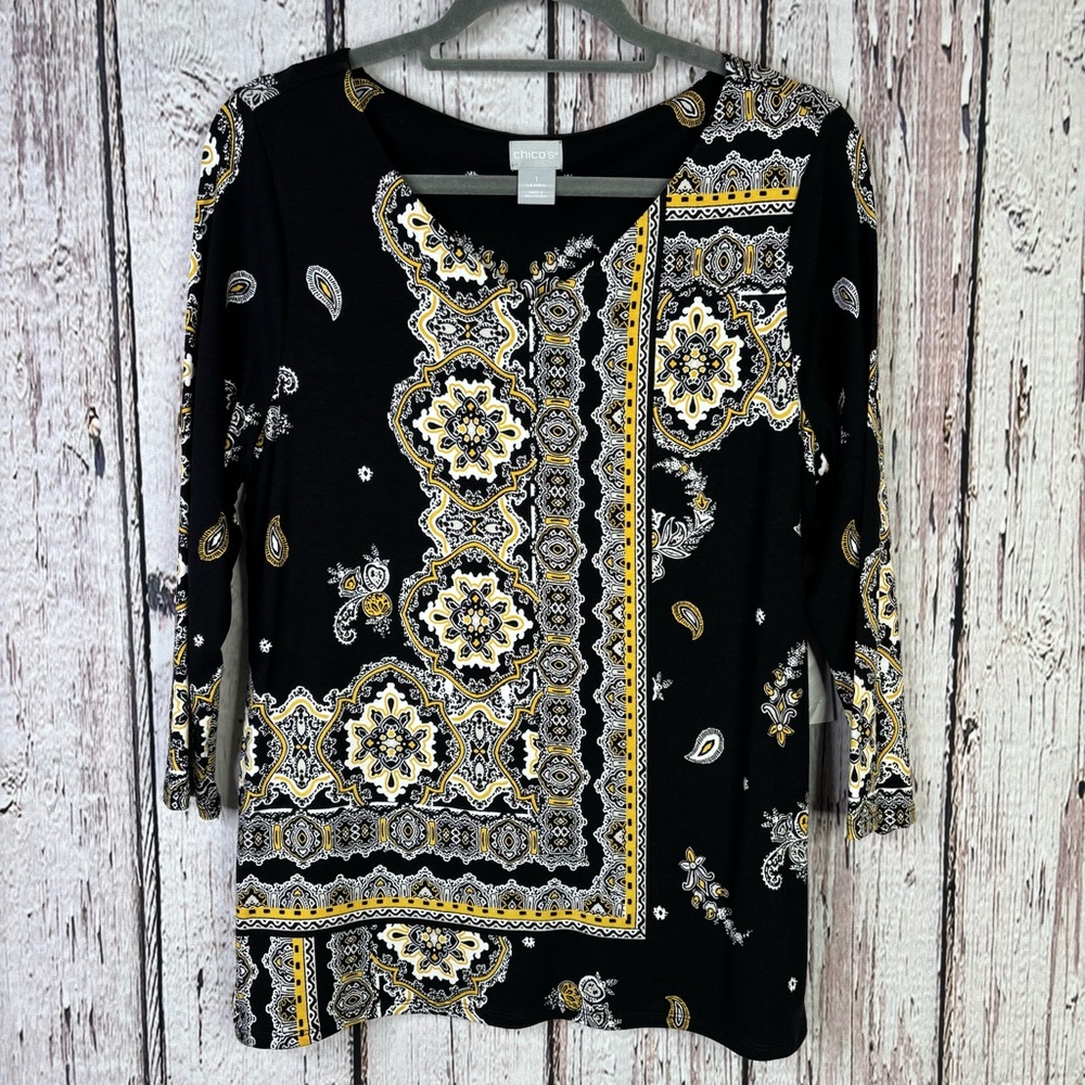 NWT Chico’s 1 Medium Touch of Cool Bandana Hi Wide V-Neck Top 3/4 Sleeves Blouse